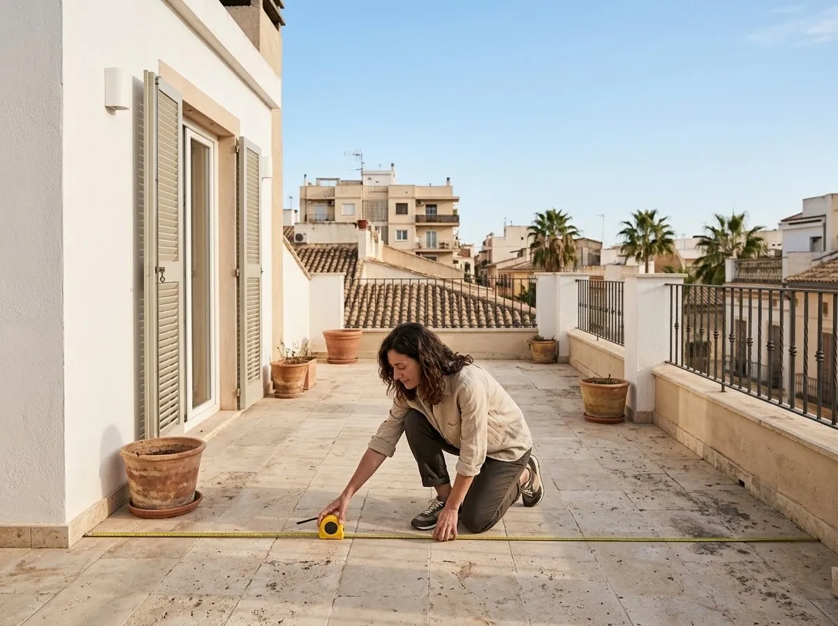 Mujer midiendo su terraza con un metro