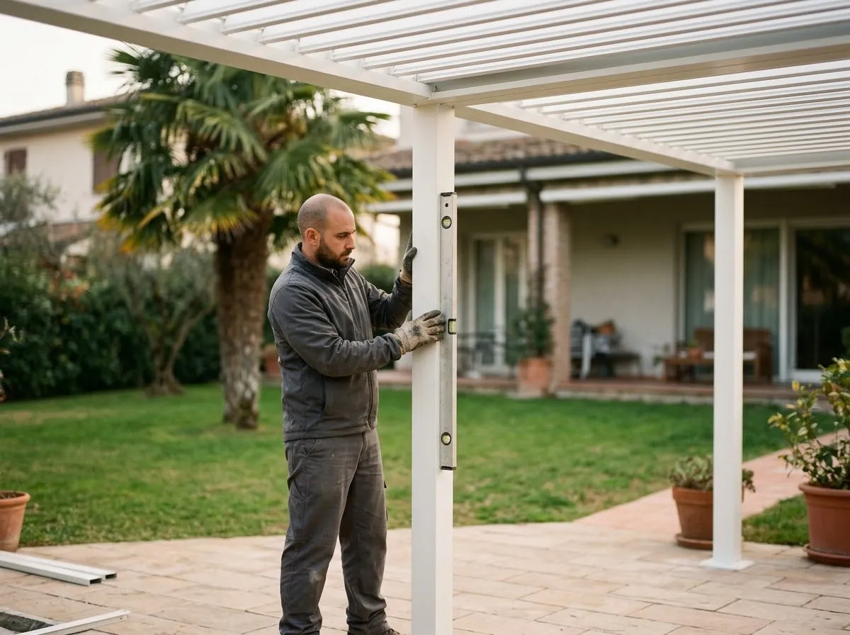 Instalador comprobando con un nivel el pilar de una pérgola bioclimática