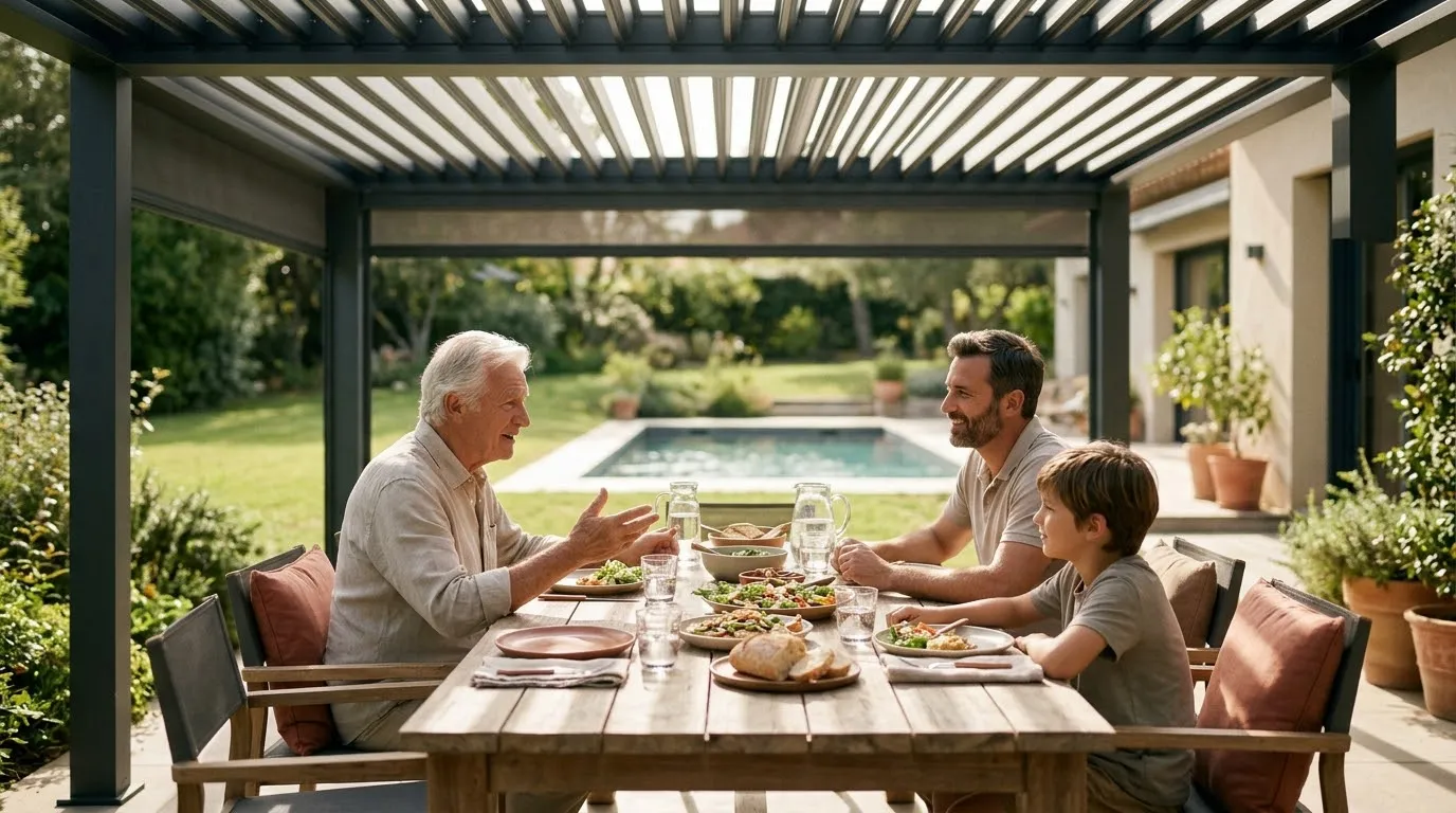 Abuelo, padre e hijo comiendo en el jardín bajo una pérgola bioclimática