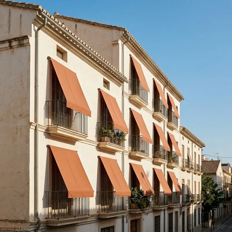 Fachada de un edificio de viviendas con toldos del mismo color