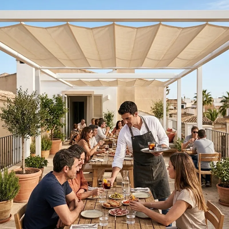 Camarero sirviendo en la terraza de un bar bajo una pérgola