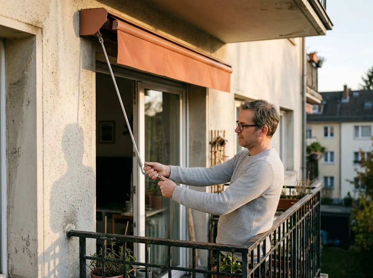 Hombre recogiendo con la manivela el toldo de su balcón