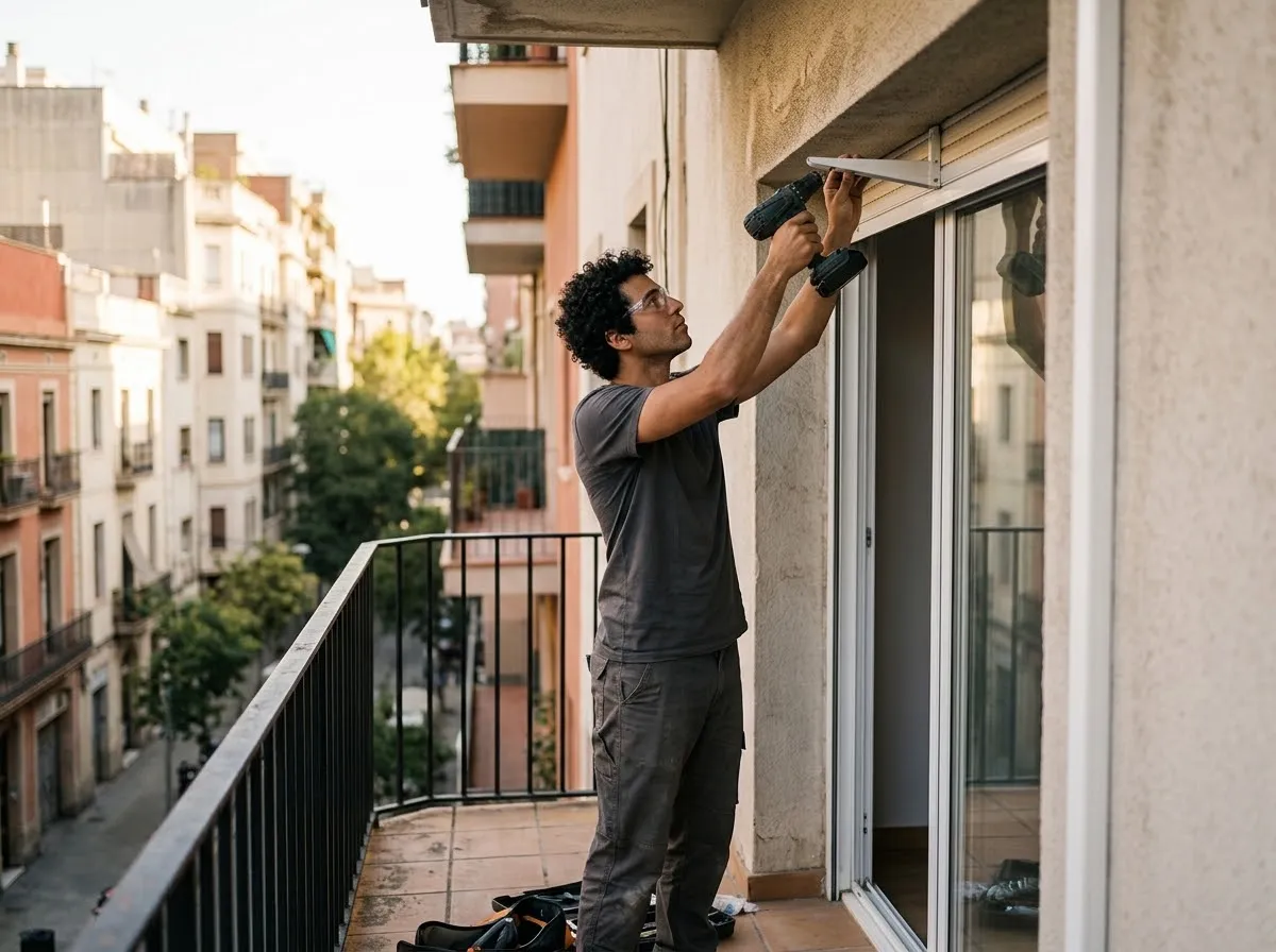 Instalador fijando el soporte de un toldo cofre a una fachada