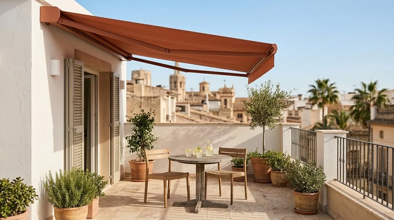 Terraza de un piso con un toldo cofre extendido sobre una mesa