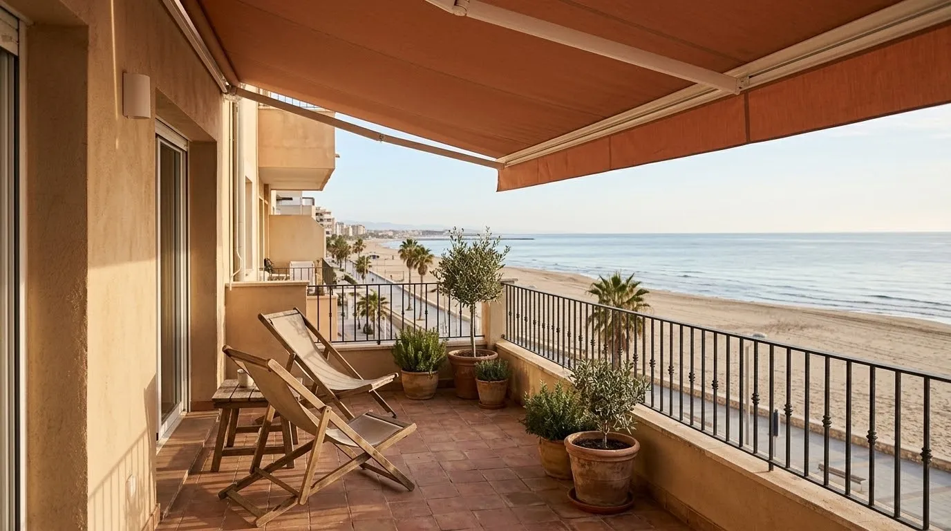 Balcón de un apartamento frente al mar con un toldo extendido