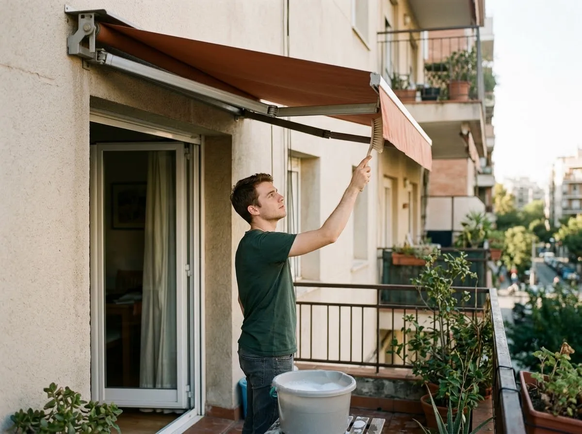 Joven limpiando con un cepillo suave la lona del toldo de su balcón