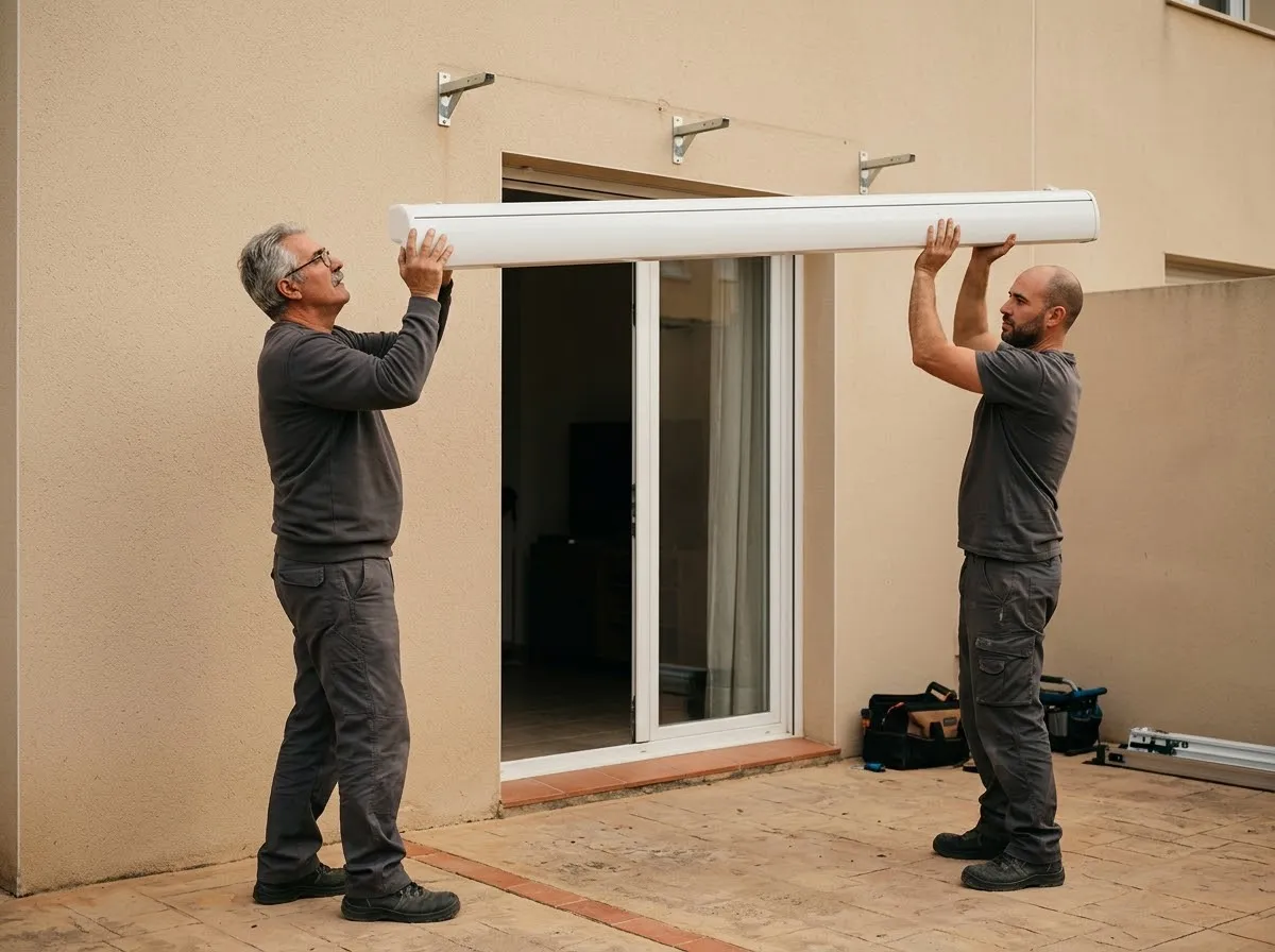 Dos instaladores colocando un toldo cofre en la pared de una terraza