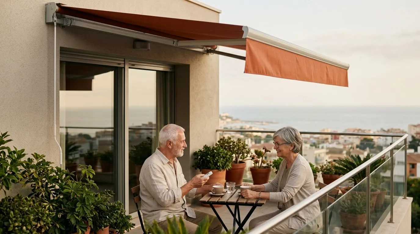 Pareja mayor tomando café en su terraza bajo un toldo extendido, él con el mando en la mano