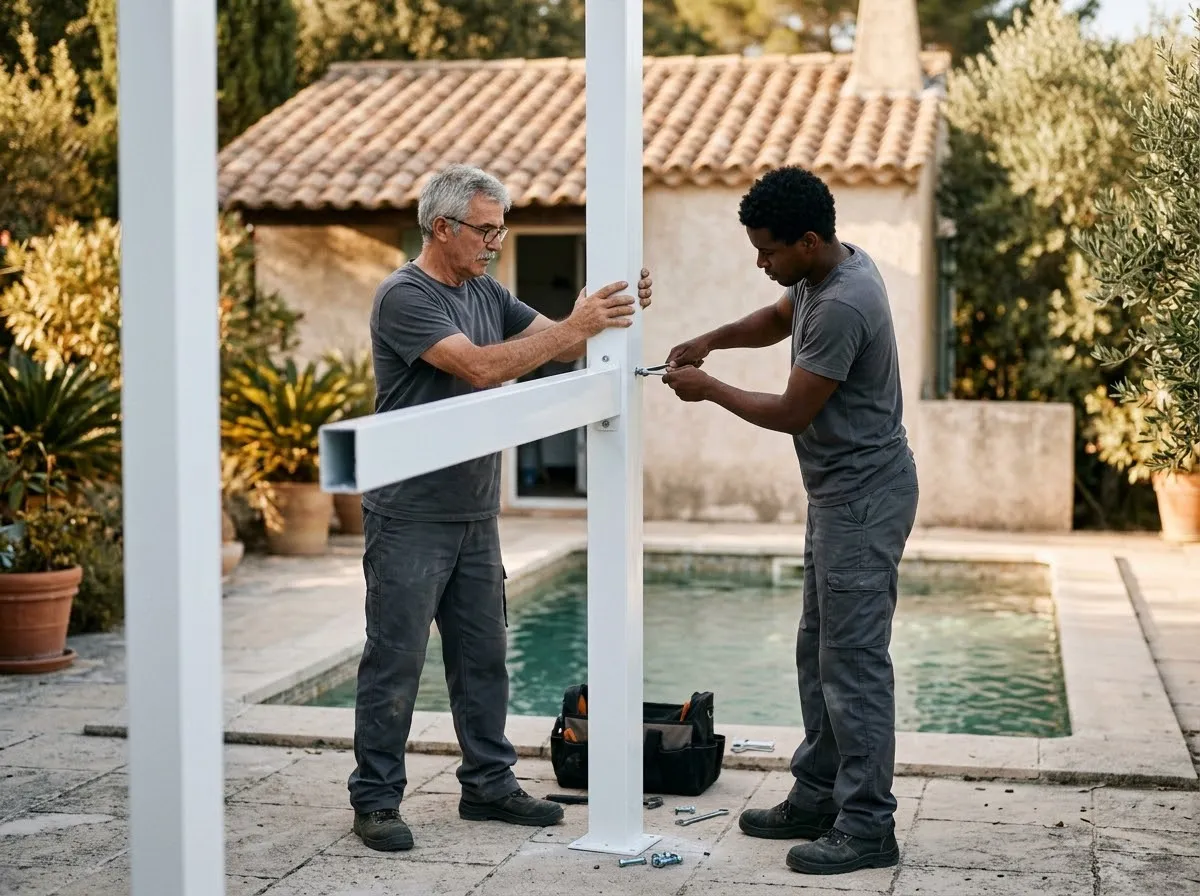 Dos instaladores montando la estructura de una pérgola de aluminio