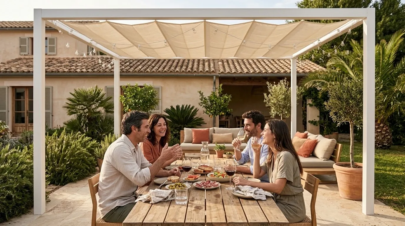 Amigos charlando bajo una pérgola de aluminio con lona en un jardín