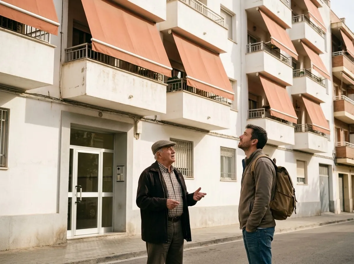 Vecinos mirando los toldos de su edificio desde la acera