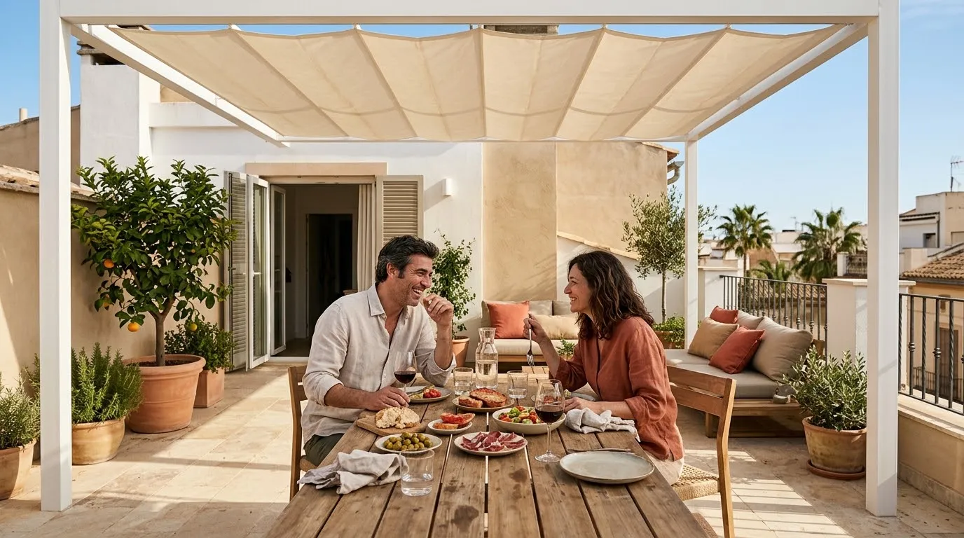 Pareja comiendo a la sombra de una pérgola en la terraza de su casa