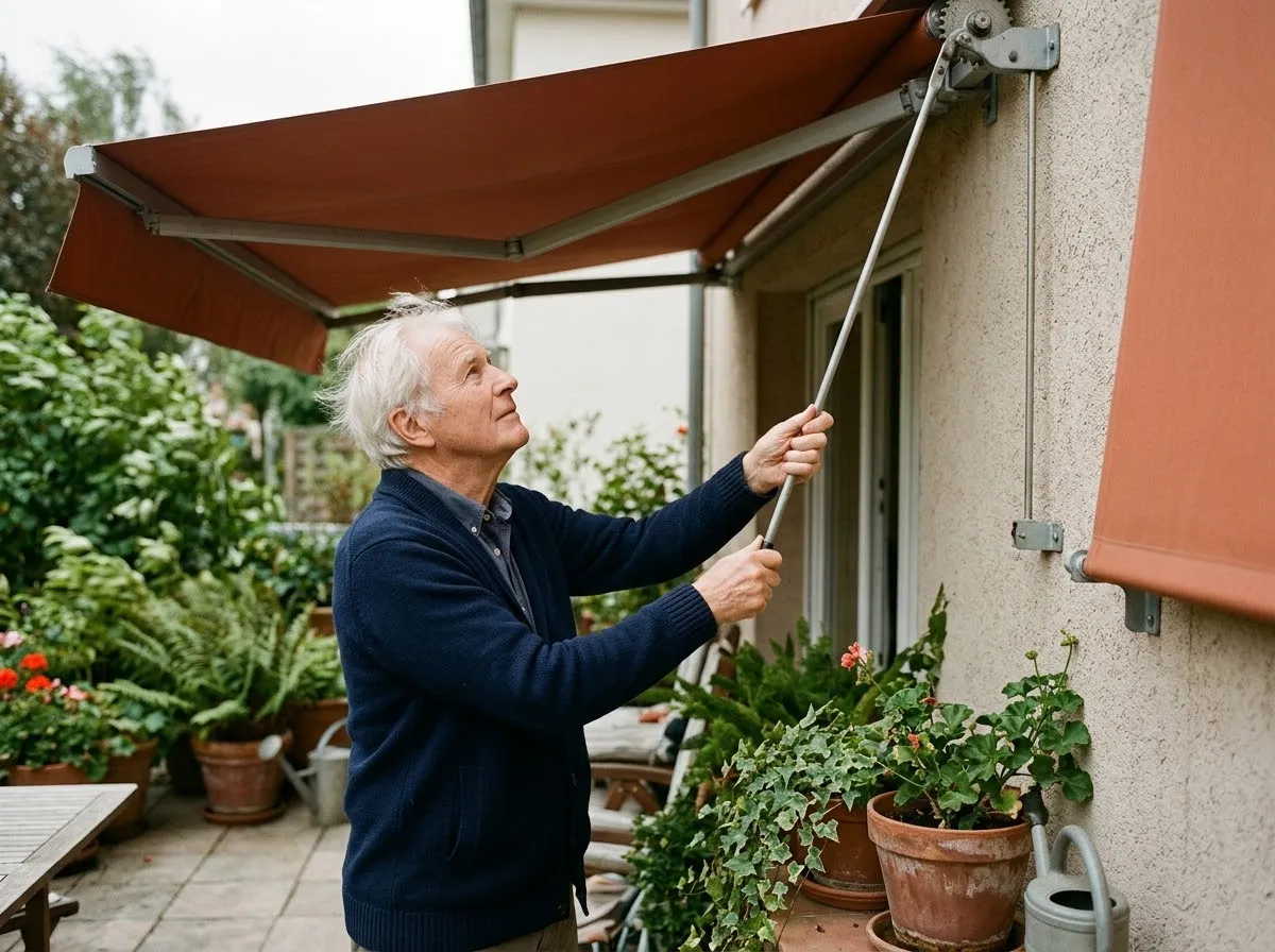 Hombre mayor recogiendo con la manivela el toldo de su patio en un día nublado
