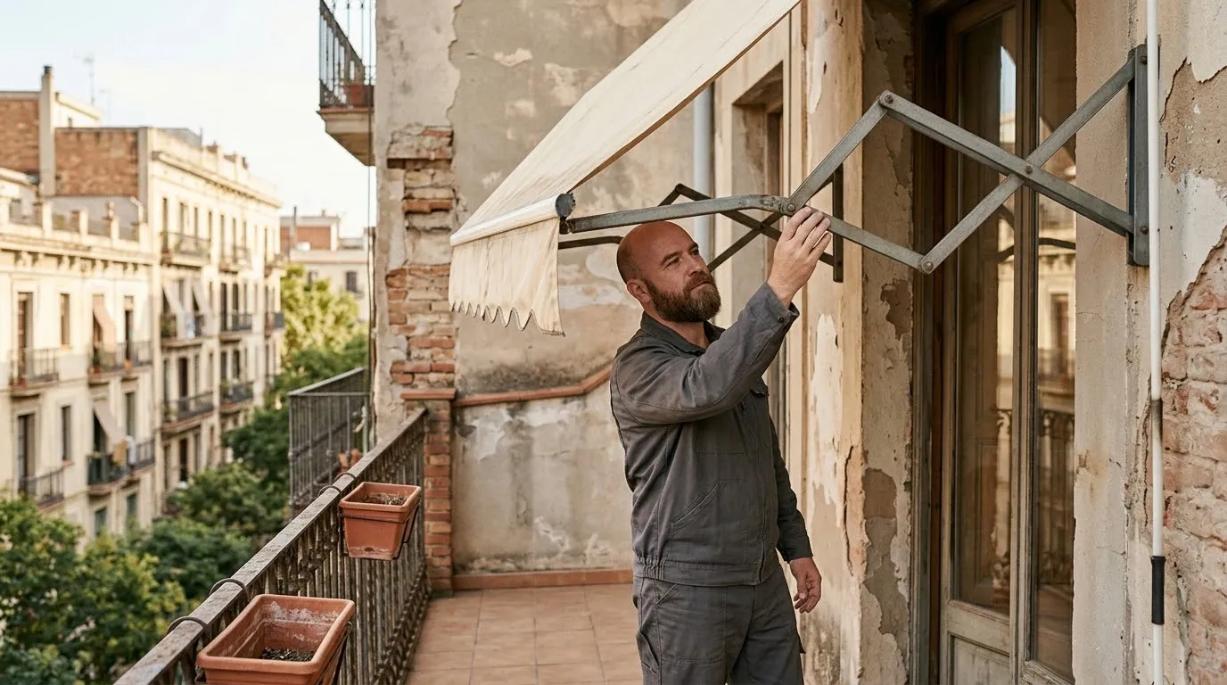 Técnico revisando el brazo de un toldo en una terraza