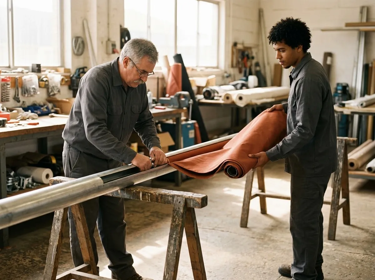 Dos técnicos colocando una lona nueva en el tubo de un toldo