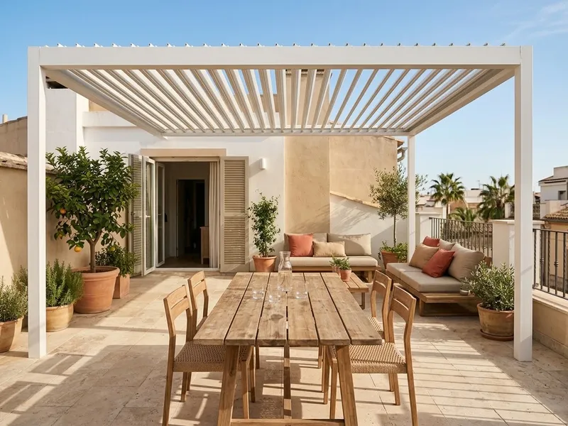 Pérgola bioclimática blanca sobre una terraza con sofá