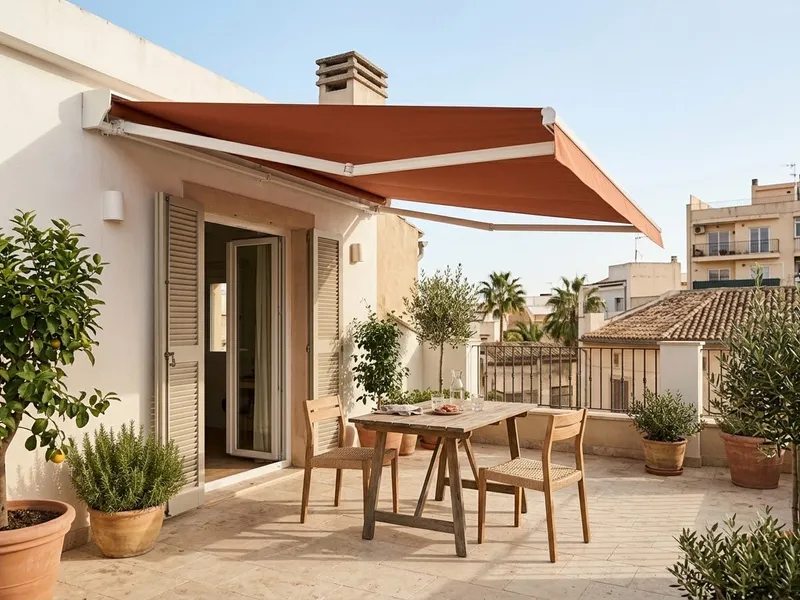Toldo extendido sobre la terraza de un piso