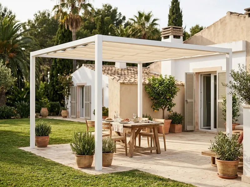 Pérgola de aluminio con lona en el jardín de una casa