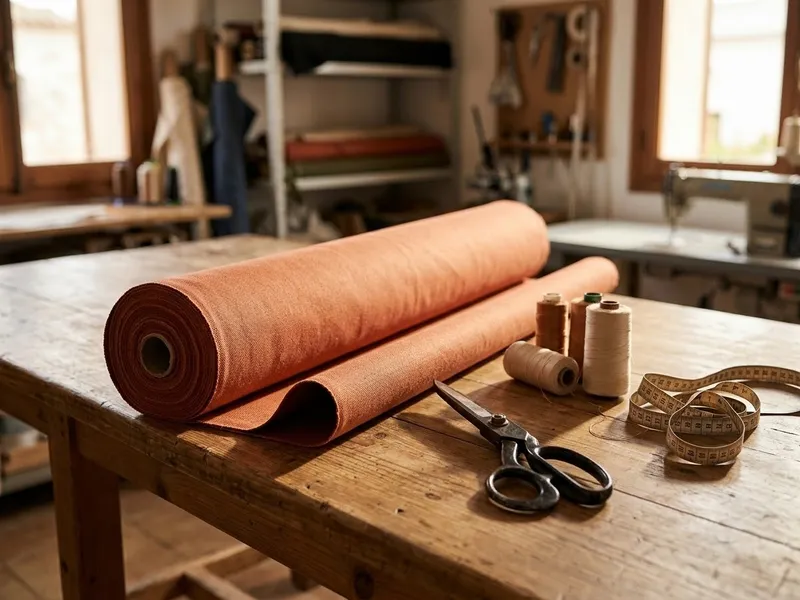 Lona nueva de toldo enrollada sobre una mesa de trabajo