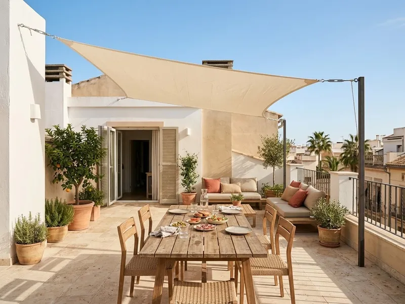 Toldo vela triangular sobre un patio con mesa de madera