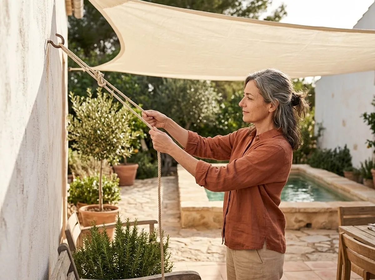 Mujer ajustando la cuerda de un toldo vela junto a la piscina