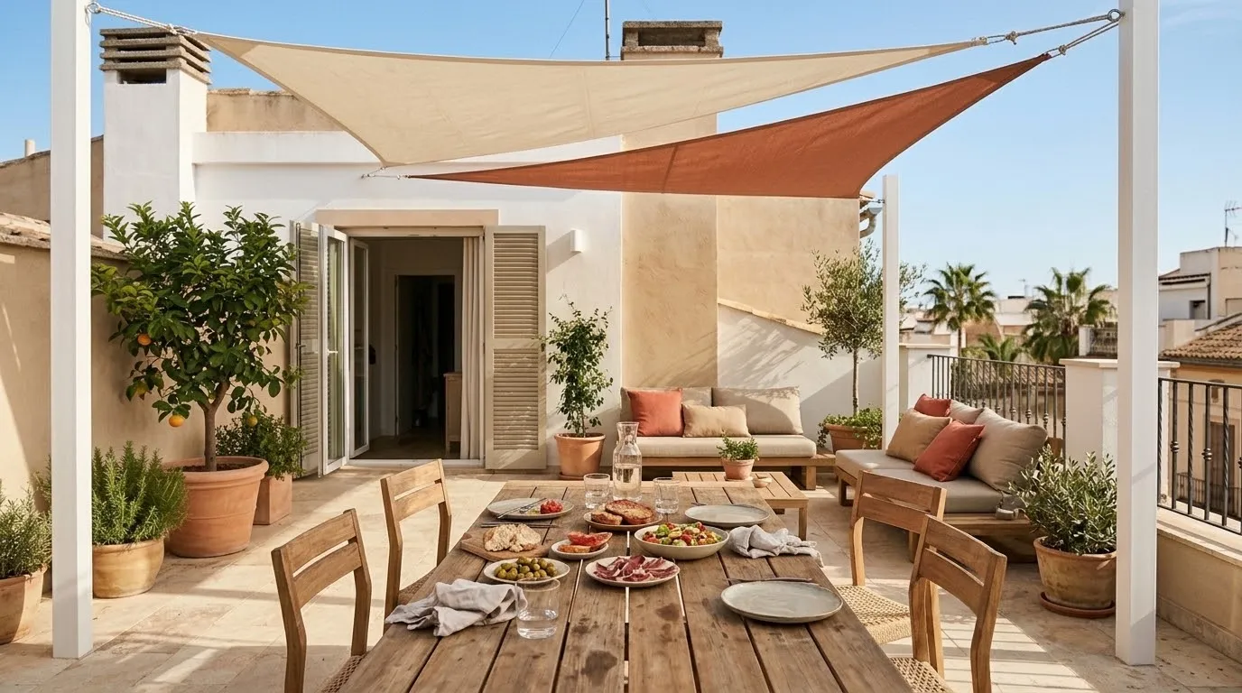 Patio mediterráneo con dos toldos vela sobre una mesa de comedor
